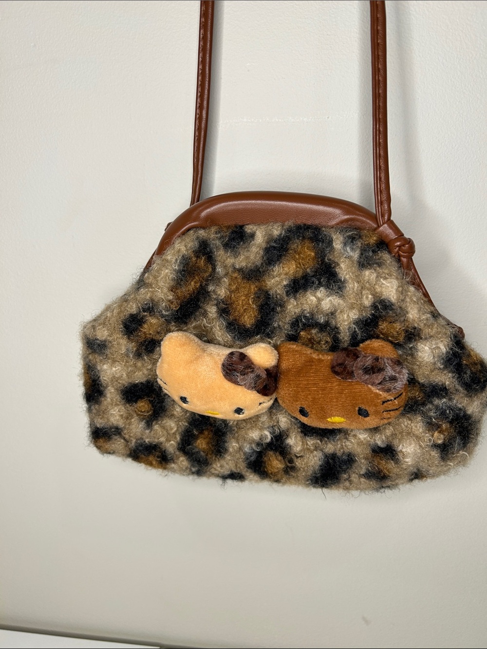 Leopard Plush Mini Crossbody Bag with Cat Appliqués - Brown